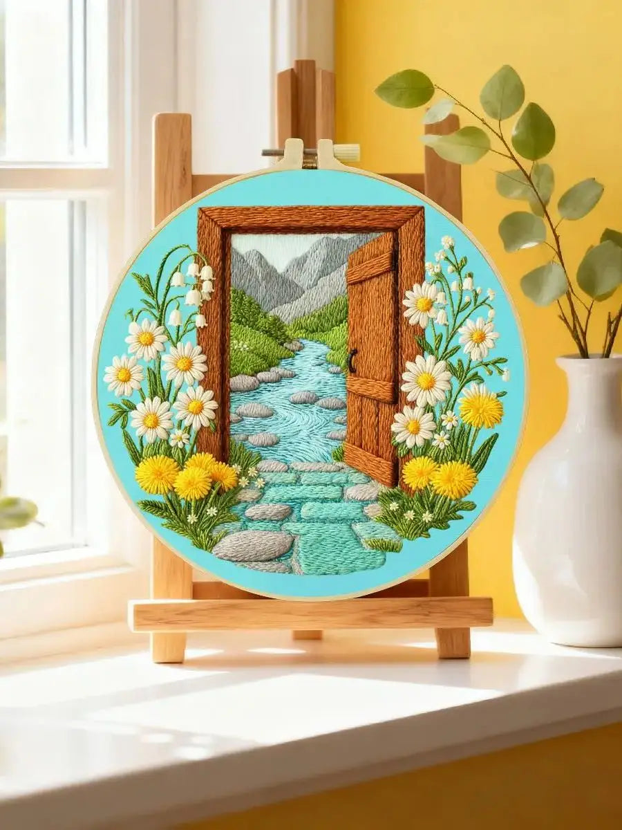 Open Door Landscape Embroidery Kit – DIY Nature Scene Hoop Art for Beginners & Craft Lovers