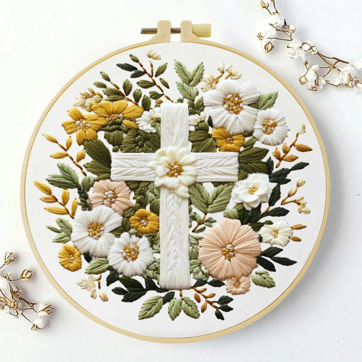 Floral Cross Embroidery Kit – Christian Needlepoint Pattern with Elegant White Flowers & Faith Inspired Wall Decor