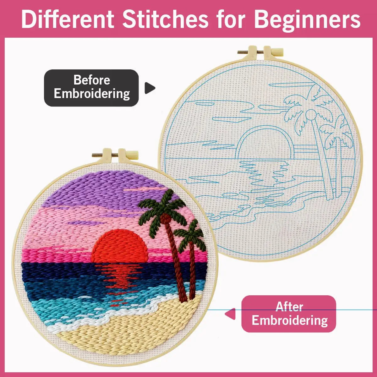 Tropical Sunset Beach Punch Needle Wall Art – Handmade Embroidery Hoop Decor for Nursery & Cozy Roo