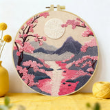 Handmade Cherry Blossom Landscape Embroidery Hoop Wall Art – Serene Mountain River Decor