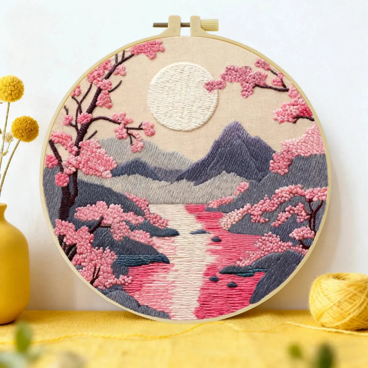 Handmade Cherry Blossom Landscape Embroidery Hoop Wall Art – Serene Mountain River Decor Kits For Stitchers