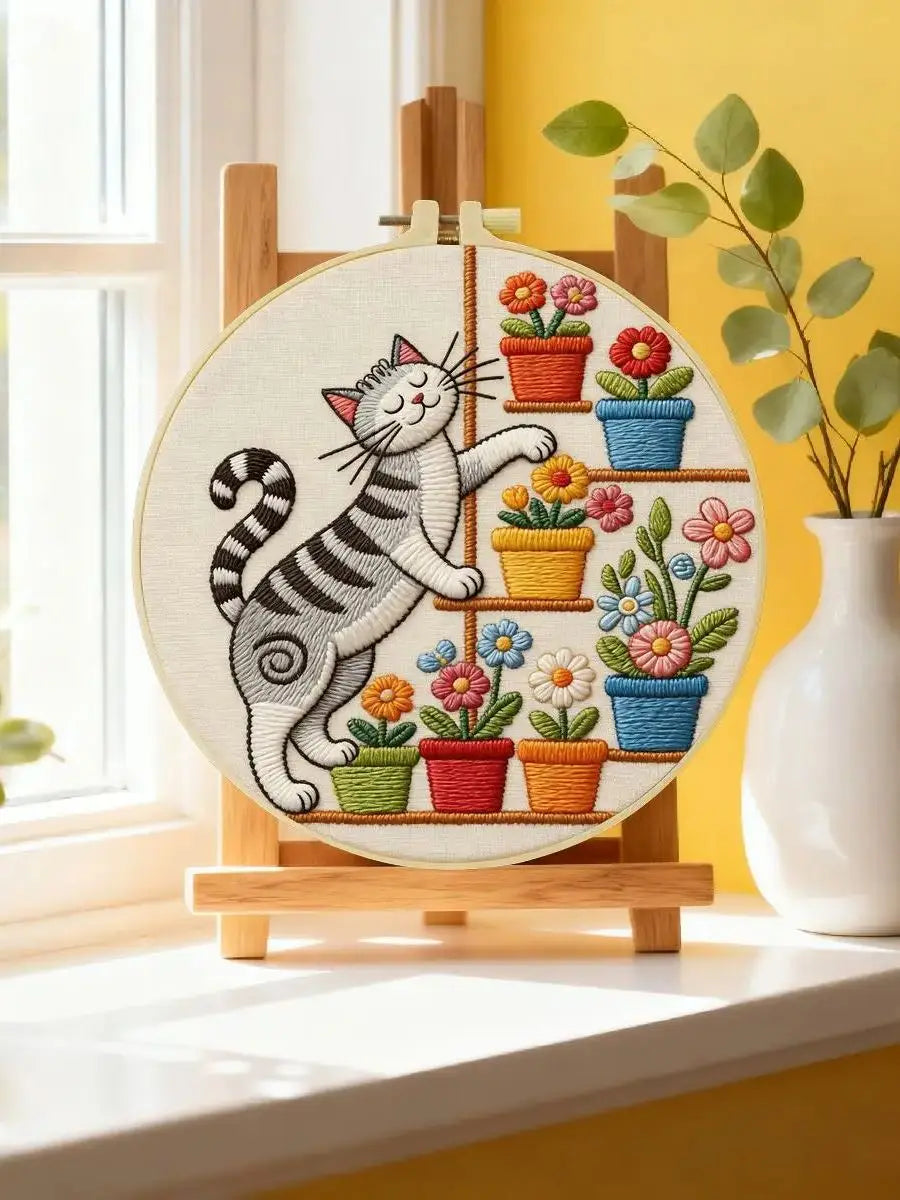 Cute Cat & Flowers Punch Needle Wall Art – Handmade Embroidery Hoop Decor for Nursery & Cozy Rooms