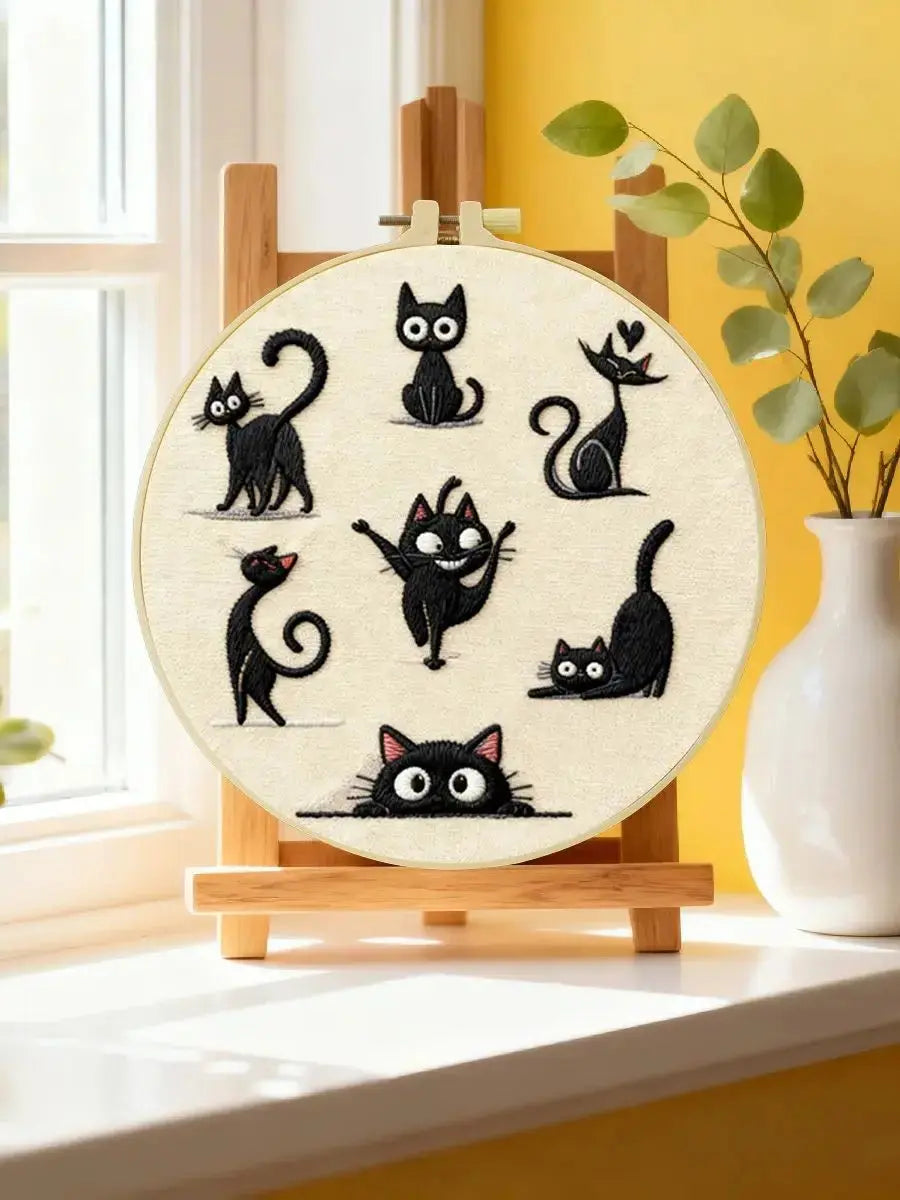 Cute Black Cat Collection Embroidery Starter Kit DIY – Beginner Cartoon Animal Hand Embroidery Kit Kits For Stitchers