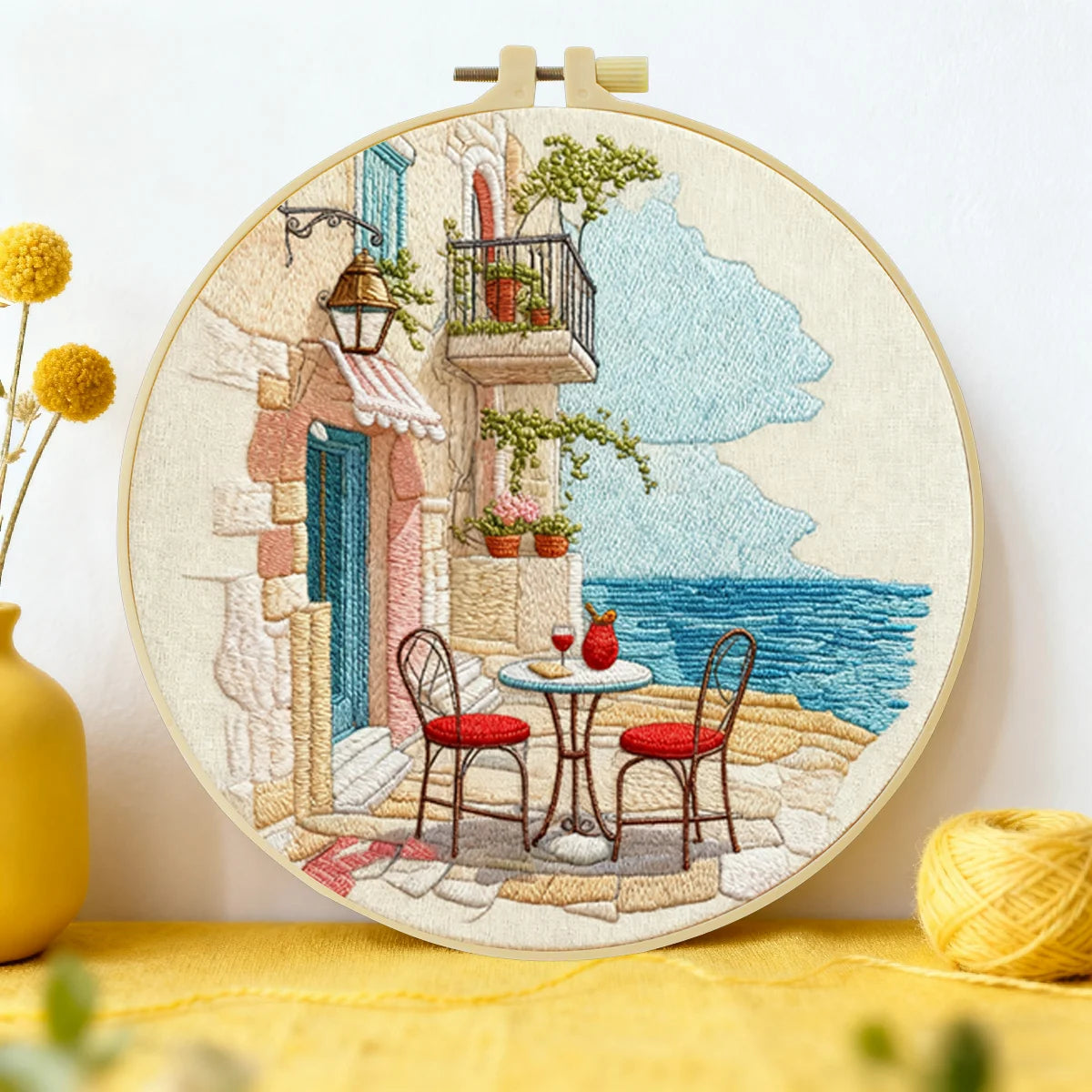 Mediterranean Seaside Café Embroidery Kit – Coastal European Street DIY Needlepoint Hoop Art Relaxing Vacation Decor Craft Gift