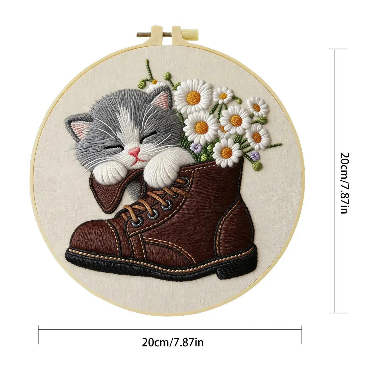 Sleeping Kitten Embroidery Kit for Beginners – DIY Floral Cat Hand Embroidery Hoop Set Kits For Stitchers
