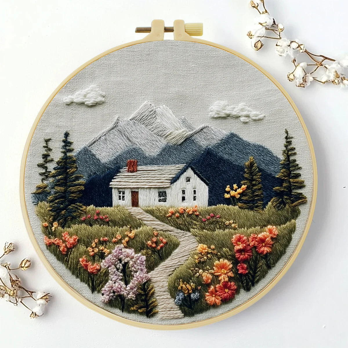 Mountain Cottage Embroidery Kit for Adults – Cozy Cabin Landscape with Wildflowers DIY Hand Embroidery Hoop Art Decor Gift