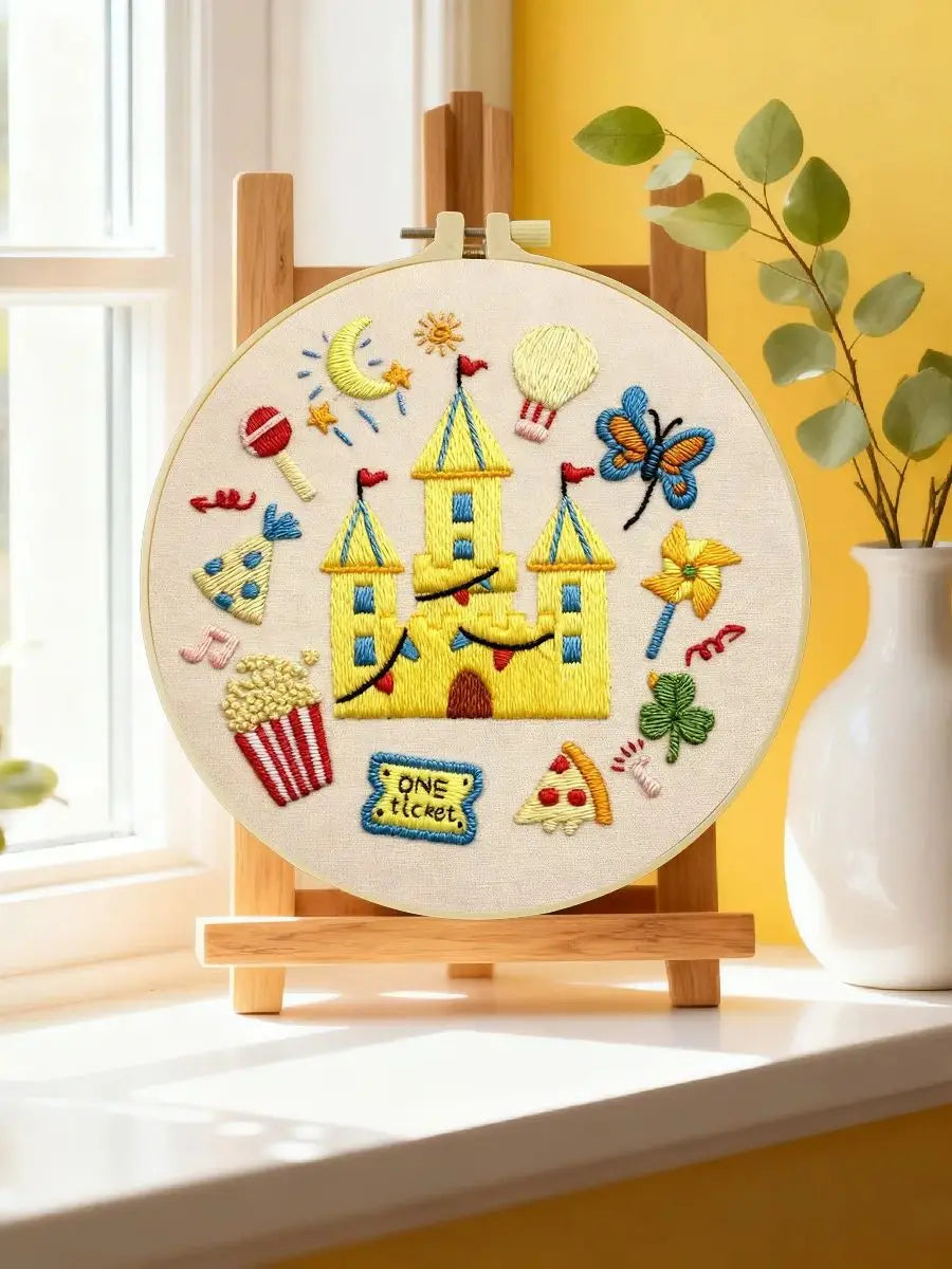 Kids Castle Embroidery DIY Kit – Cute Fantasy Beginner Stitching Kit with Hoop, Pattern & Threads
