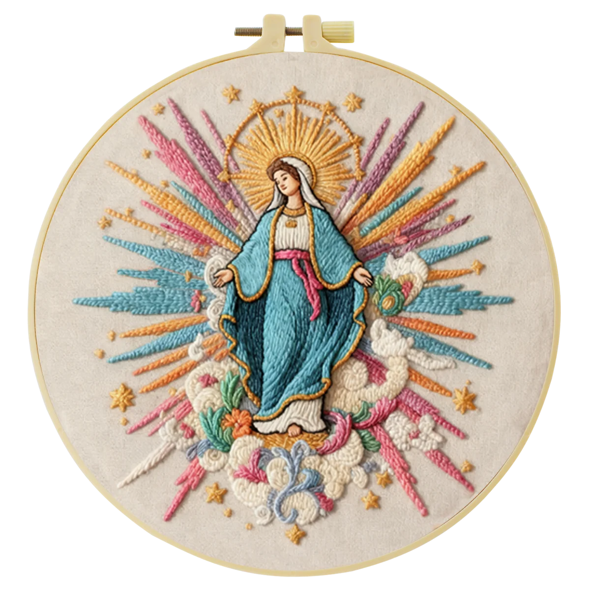Virgin Mary Embroidery Kit – Colorful Catholic Needlepoint Pattern with Heavenly Rays & Religious Christian Wall Art Decor
