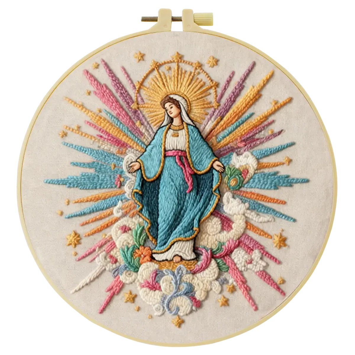 Virgin Mary Embroidery Kit – Colorful Catholic Needlepoint Pattern with Heavenly Rays & Religious Christian Wall Art Decor Kits For Stitchers