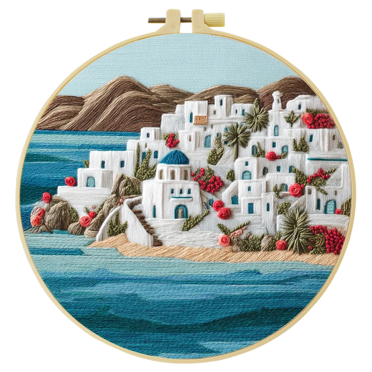 Santorini Coastal Village Embroidery Kit – Greek Island Seascape DIY Needlepoint Hoop Art Mediterranean Home Decor Craft Gift