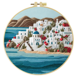 Santorini Coastal Village Embroidery Kit – Greek Island Seascape DIY Needlepoint Hoop Art Mediterranean Home Decor Craft Gift Kits For Stitchers