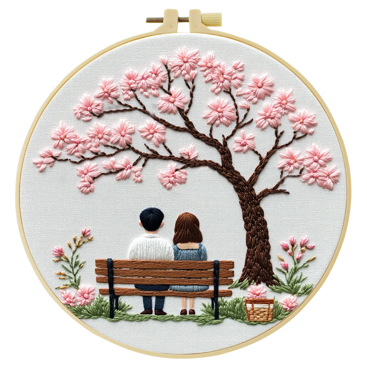 Cherry Blossom Couple Embroidery Kit – Romantic Spring Bench Needlepoint Pattern with Sakura Tree & Cozy Love Scene