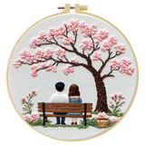 Cherry Blossom Couple Embroidery Kit – Romantic Spring Bench Needlepoint Pattern with Sakura Tree & Cozy Love Scene