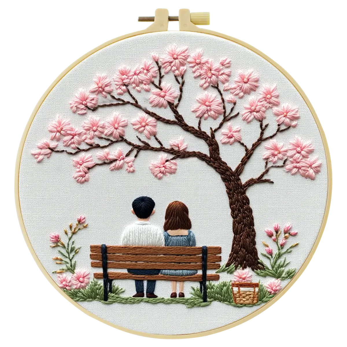 Cherry Blossom Couple Embroidery Kit – Romantic Spring Bench Needlepoint Pattern with Sakura Tree & Cozy Love Scene Kits For Stitchers