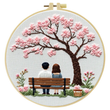 Cherry Blossom Couple Embroidery Kit – Romantic Spring Bench Needlepoint Pattern with Sakura Tree & Cozy Love Scene Kits For Stitchers