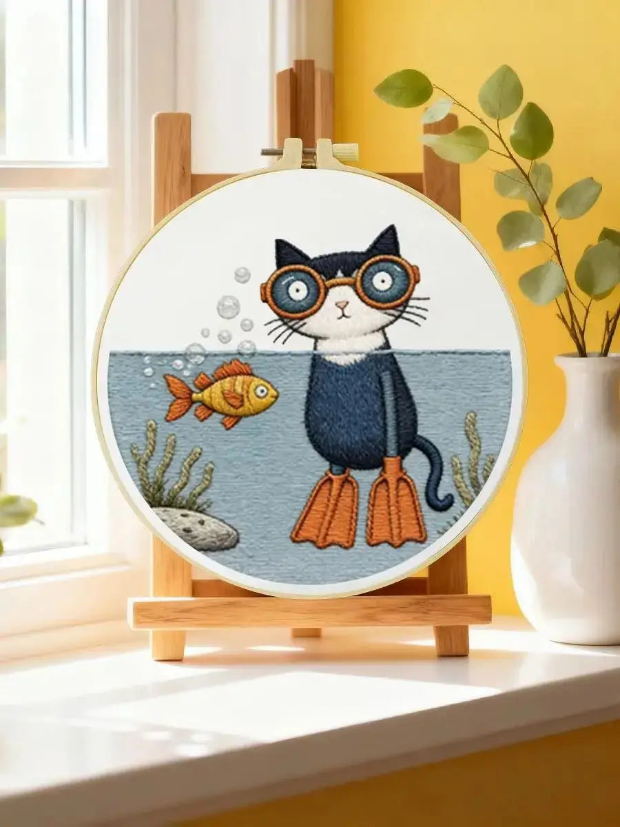 Scuba Cat Embroidery Kit – Funny Underwater Kitty DIY Hand Embroidery Set 🐱🐠🤿 Kits For Stitchers
