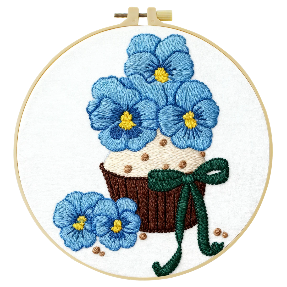 Blue Flower Cupcake Embroidery DIY Kit – Cute Floral Beginner Stitching Kit with Hoop, Pattern & Threads
