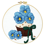Blue Flower Cupcake Embroidery DIY Kit – Cute Floral Beginner Stitching Kit with Hoop, Pattern & Threads