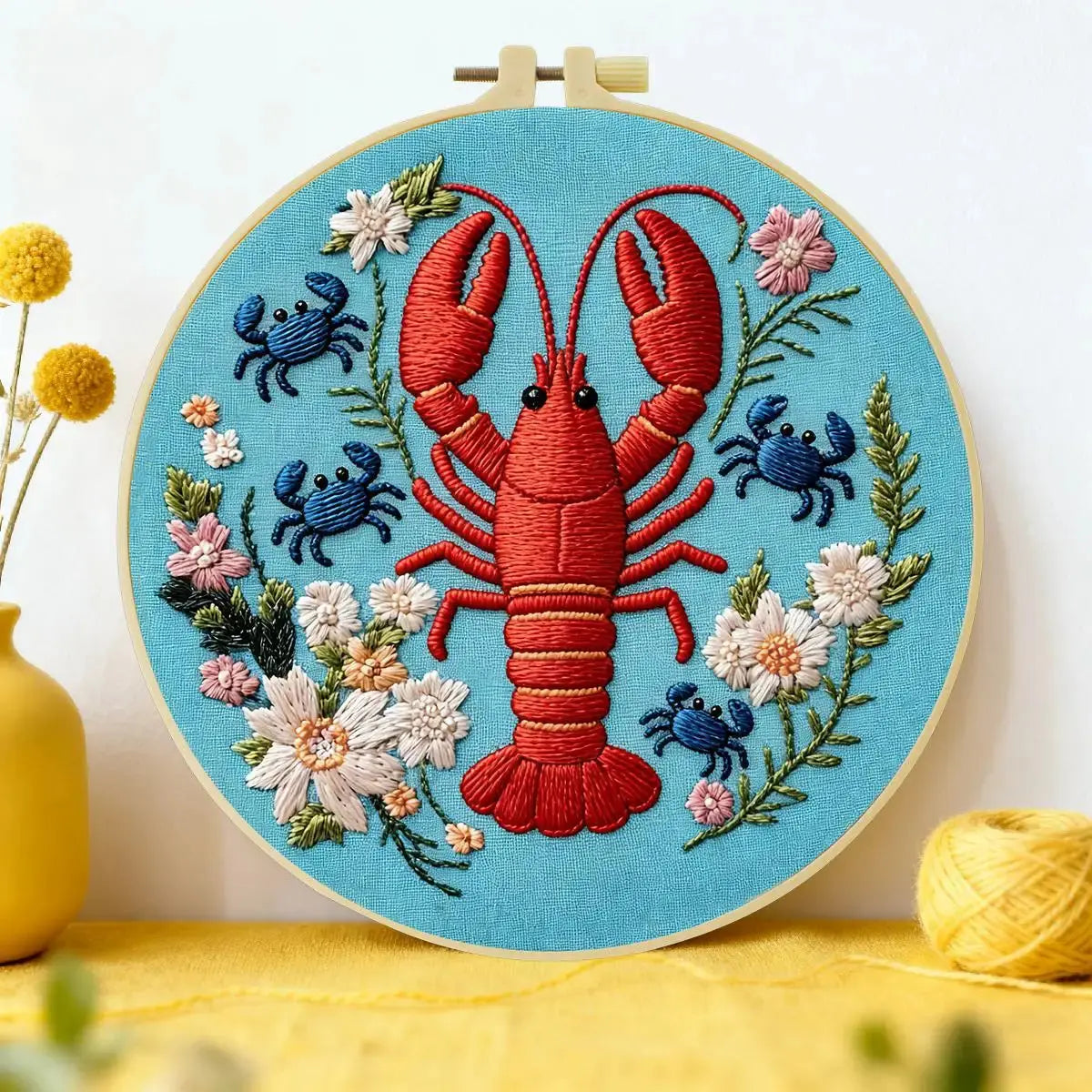 Lobster & Blue Crabs Embroidery Kit โ Colorful Coastal Floral Design Kits For Stitchers
