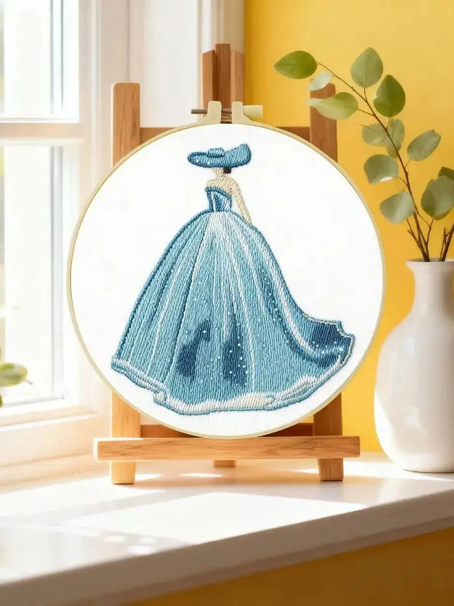 Elegant Blue Princess Dress Embroidery Kit – Fairytale DIY Hand Embroidery Hoop Art Set Kits For Stitchers