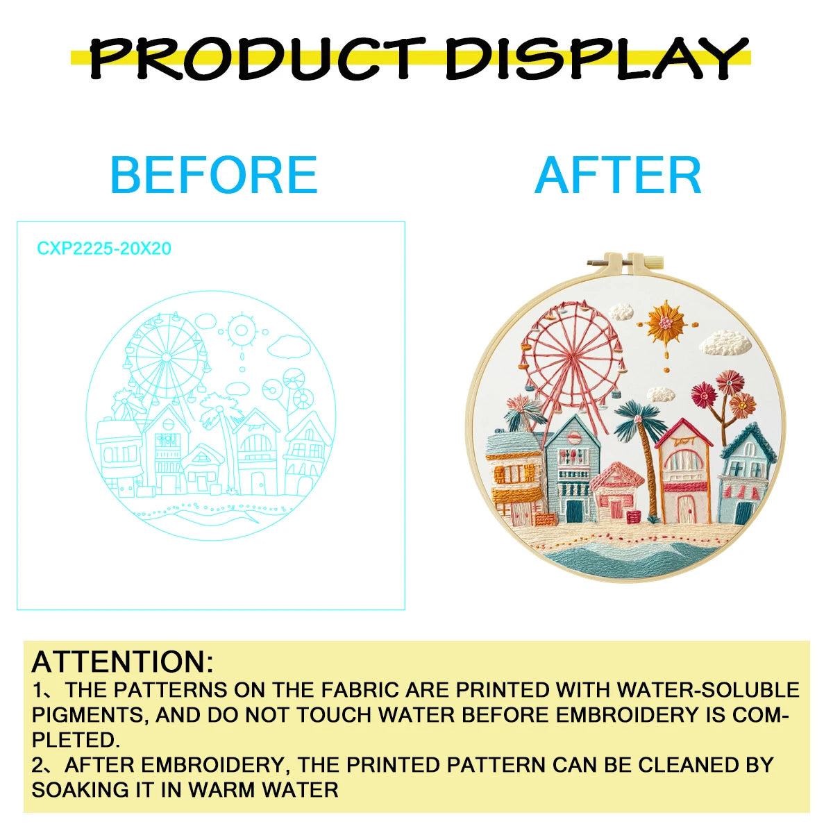Whimsical Coastal Village Embroidery Kit – Pastel Beach Town & Ferris Wheel Needlepoint Pattern with Seaside Charm