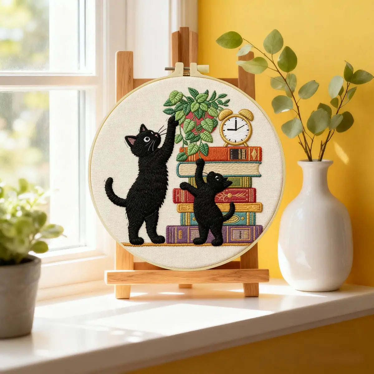 Black Cat Embroidery Kit for Beginners – DIY Cute Cat Hand Embroidery Hoop Set