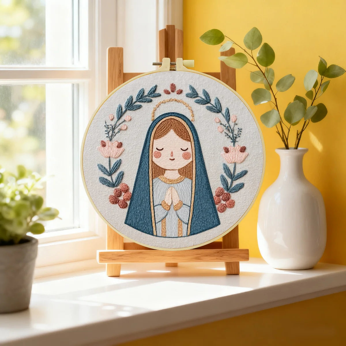 Cute Virgin Mary Embroidery Kit – Kawaii Catholic Needlepoint Pattern with Floral Religious Wall Art & Prayer Decor
