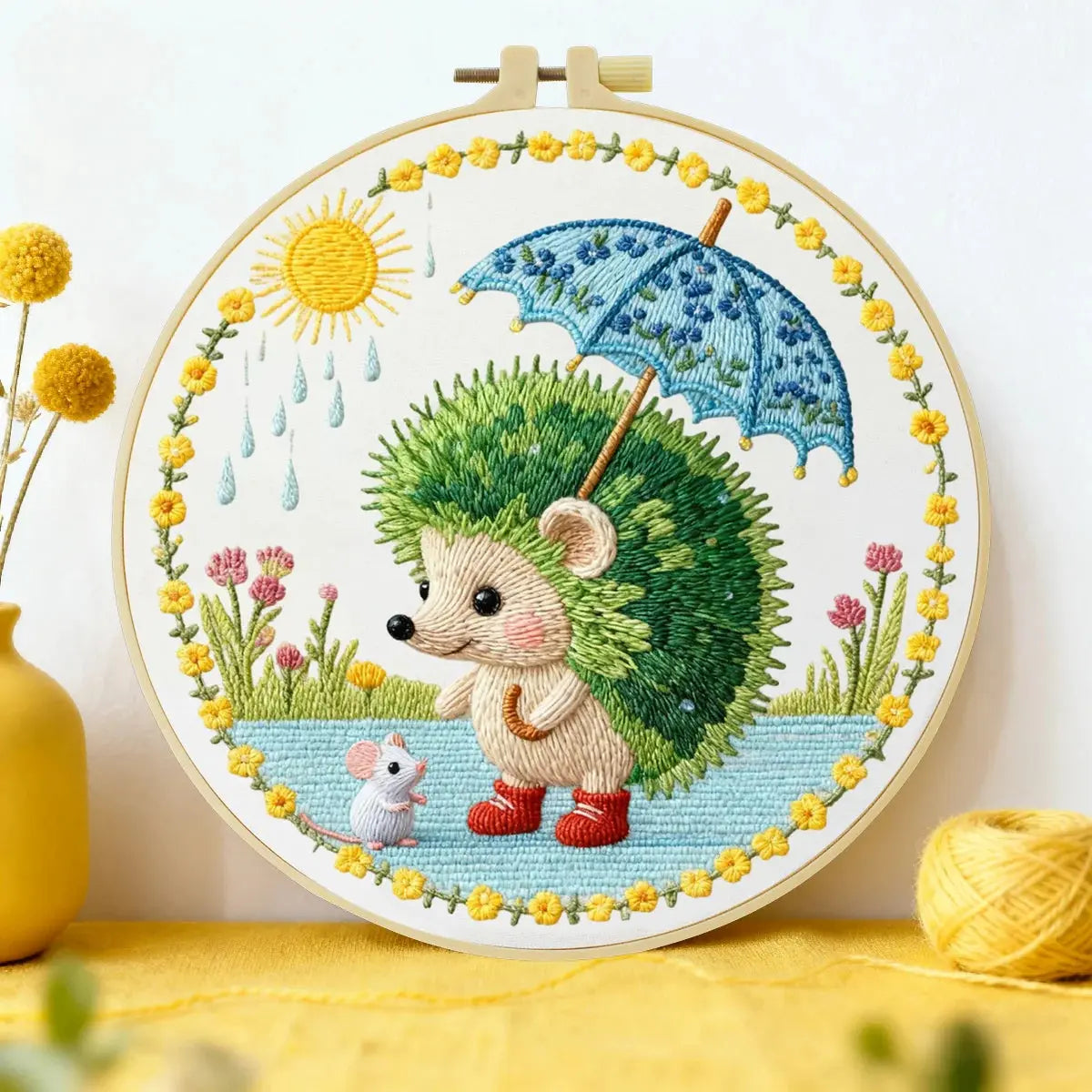 Cute Hedgehog Embroidery Kit – Woodland Animal with Umbrella DIY Sewing Craft, Whimsical Nursery Hoop Wall Art Decor Kits For Stitchers