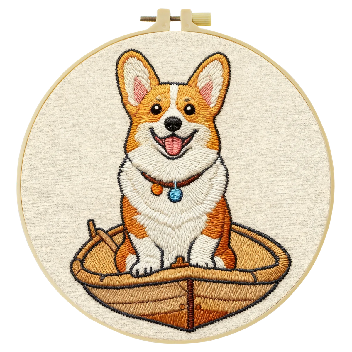 Cute Corgi Embroidery Kit – Adorable Puppy in Basket DIY Hand Stitch Craft Set with Hoop & Color Threads 🧵🐶