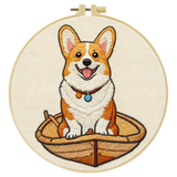 Cute Corgi Embroidery Kit – Adorable Puppy in Basket DIY Hand Stitch Craft Set with Hoop & Color Threads 🧵🐶