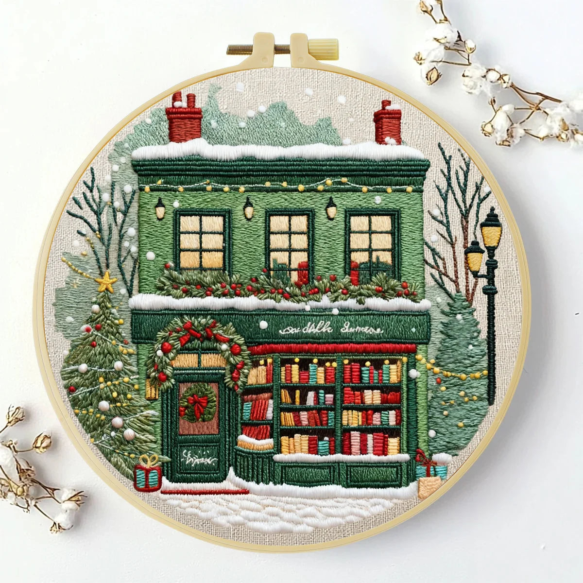 Christmas Bookstore Embroidery Kit – DIY Winter Holiday Village Sewing Craft Set, Festive Snowy Shop Wall Art Decor