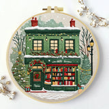 Christmas Bookstore Embroidery Kit – DIY Winter Holiday Village Sewing Craft Set, Festive Snowy Shop Wall Art Decor