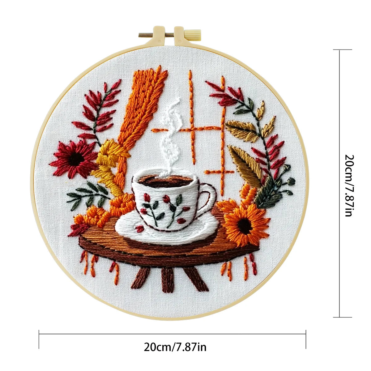 Handmade Cozy Coffee Embroidery Hoop Wall Art – Autumn Floral Rustic Kitchen Decor