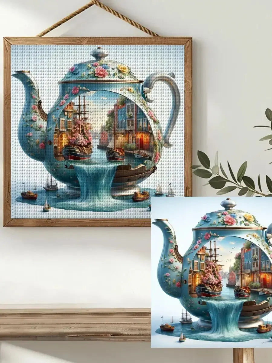 Enchanted Harbor Teapot Cross Stitch Kit ☕⛵🌸🏘️✨ Kits For Stitchers