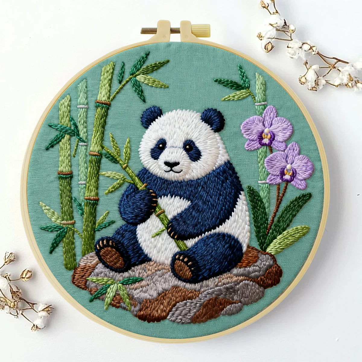 Handmade Panda Embroidery Hoop Wall Art – Cute Bamboo Nursery Animal Fiber Decor