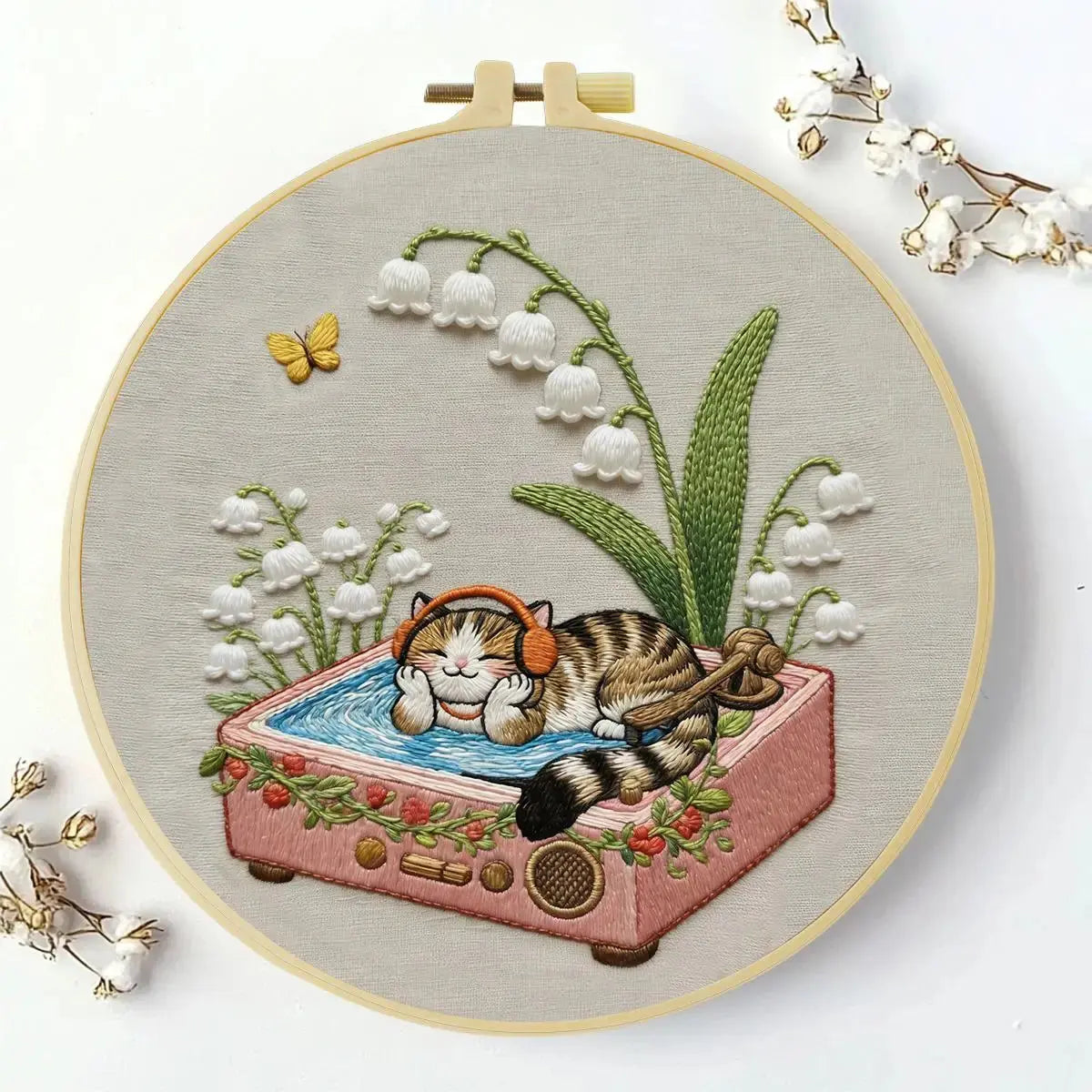 Cozy Cat & Lily of the Valley Embroidery Kit Kits For Stitchers