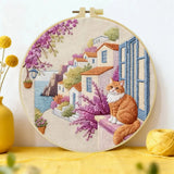 Mediterranean Cat Village Embroidery Kit – Scenic Coastal DIY Hand Embroidery Hoop Art Set Kits For Stitchers