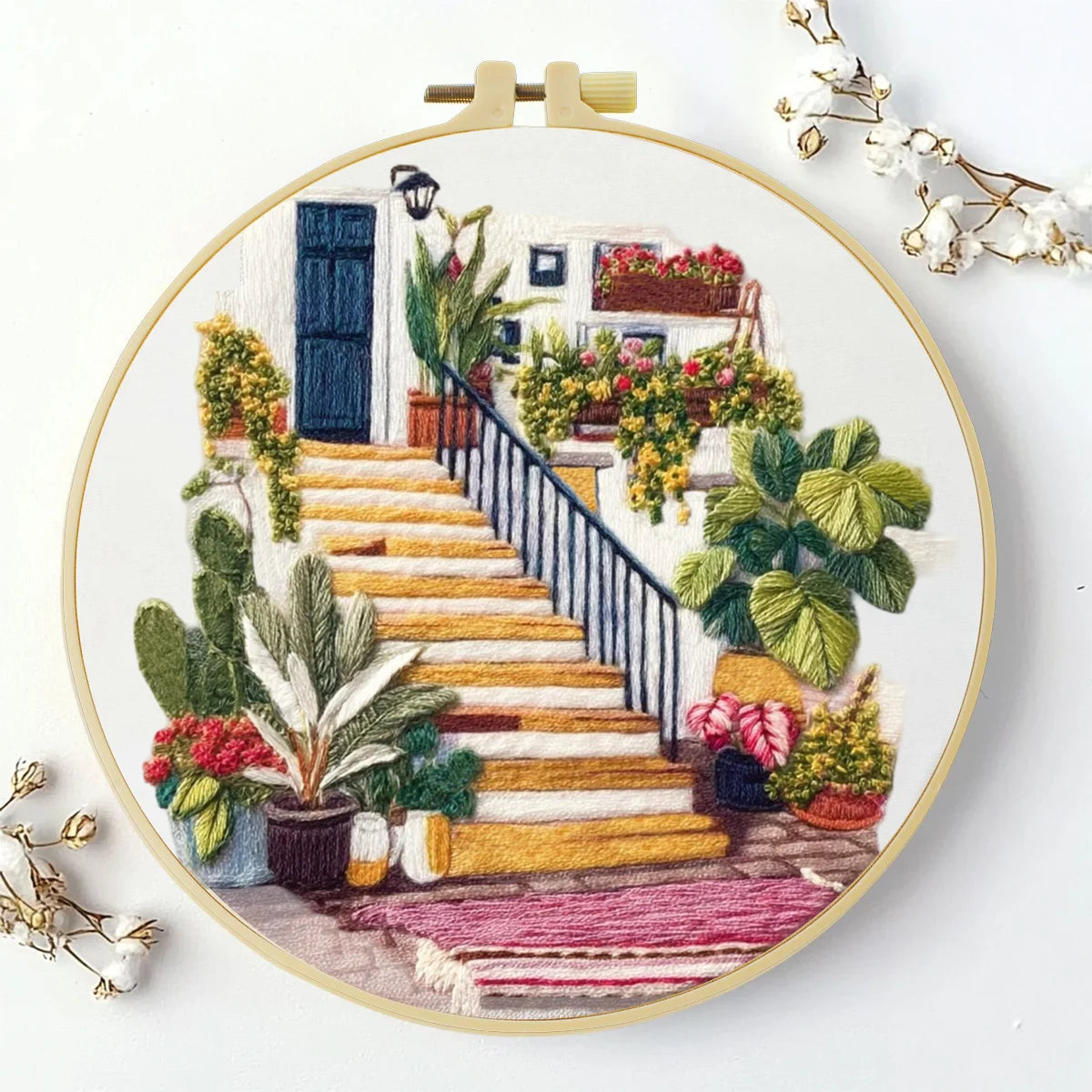 Mediterranean House & Garden Embroidery Starter Kit DIY – Beginner Landscape Hand Embroidery Kit