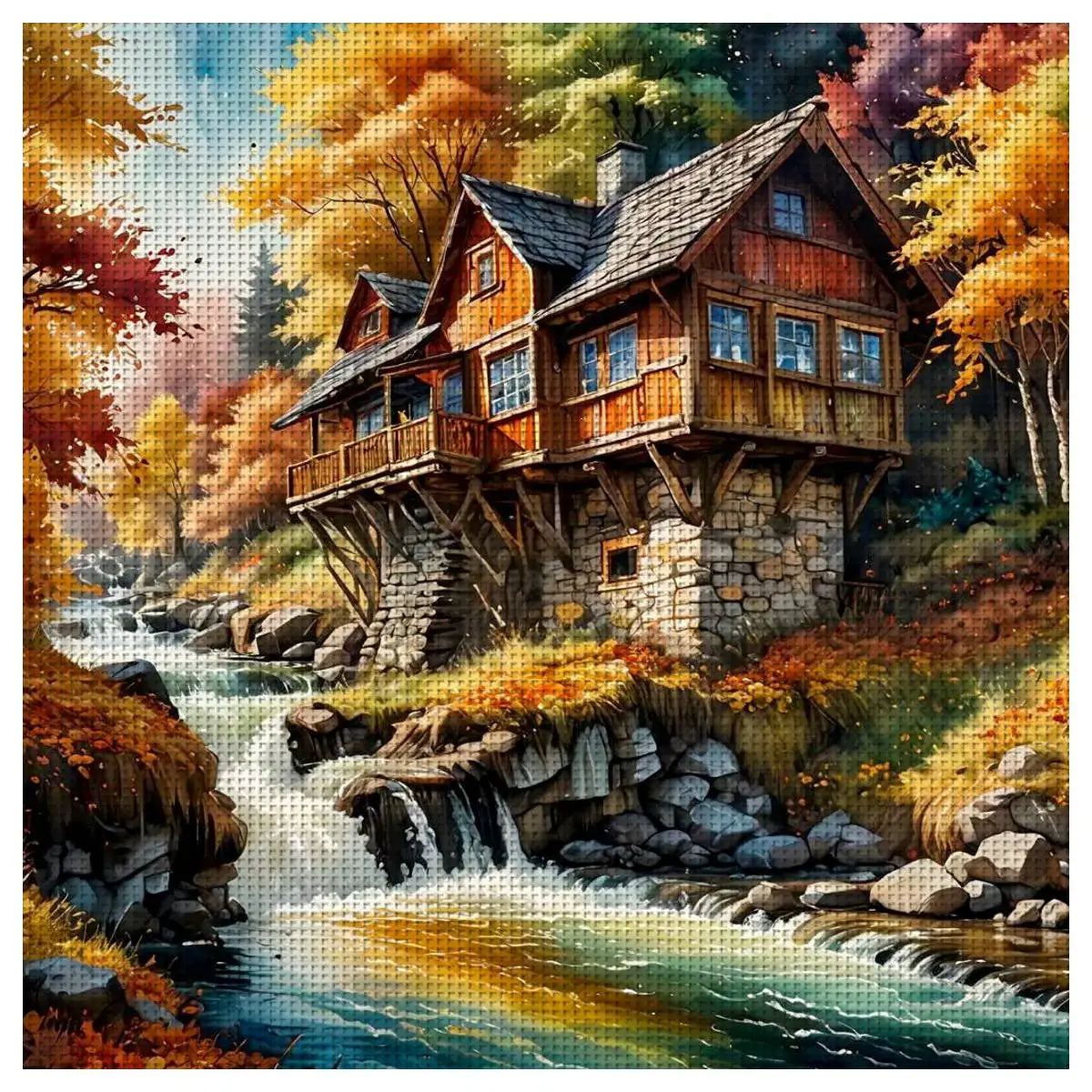 Autumn Riverside Cabin Cross Stitch Kit 🍂🏡🌊✨