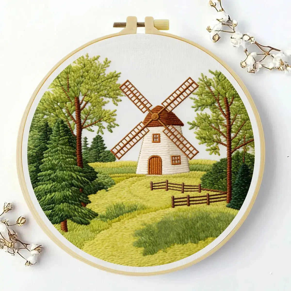 Countryside Windmill Embroidery Kit โ Peaceful Green Landscape DIY Hand Embroidery Set Kits For Stitchers