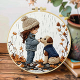 Little Girl & Puppy Embroidery Kit – Cozy Autumn Friendship Needlepoint Pattern for Dog Lovers and Whimsical Home Decor
