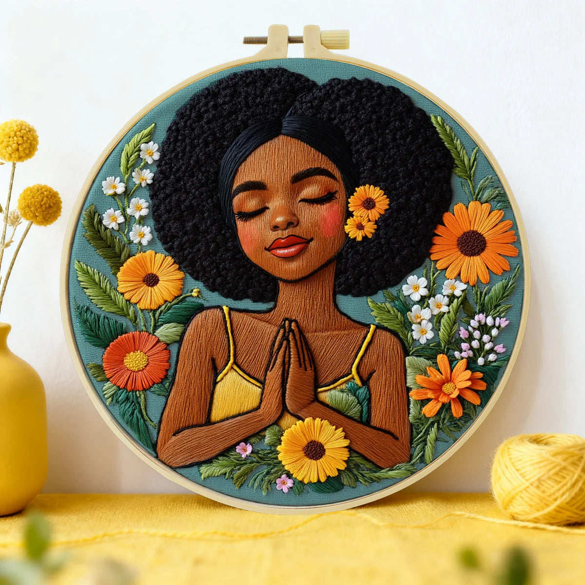 Black Woman Floral Embroidery Kit for Adults – Afro Beauty Hand Embroidery Hoop Art DIY Needlepoint Craft Gift for Her