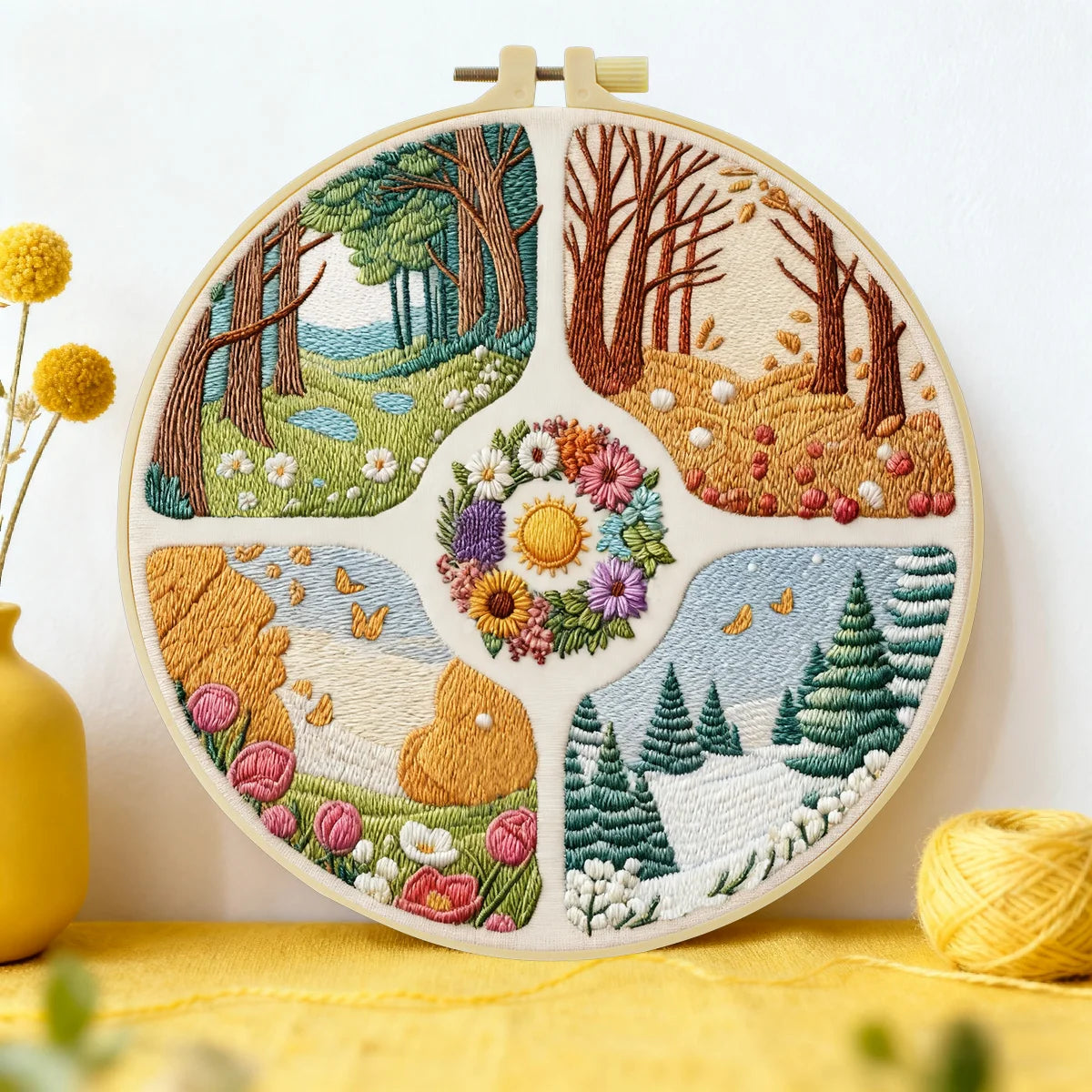 Four Seasons Landscape Embroidery Kit – Spring Summer Fall Winter DIY Sewing Craft, Nature Hoop Wall Art Decor