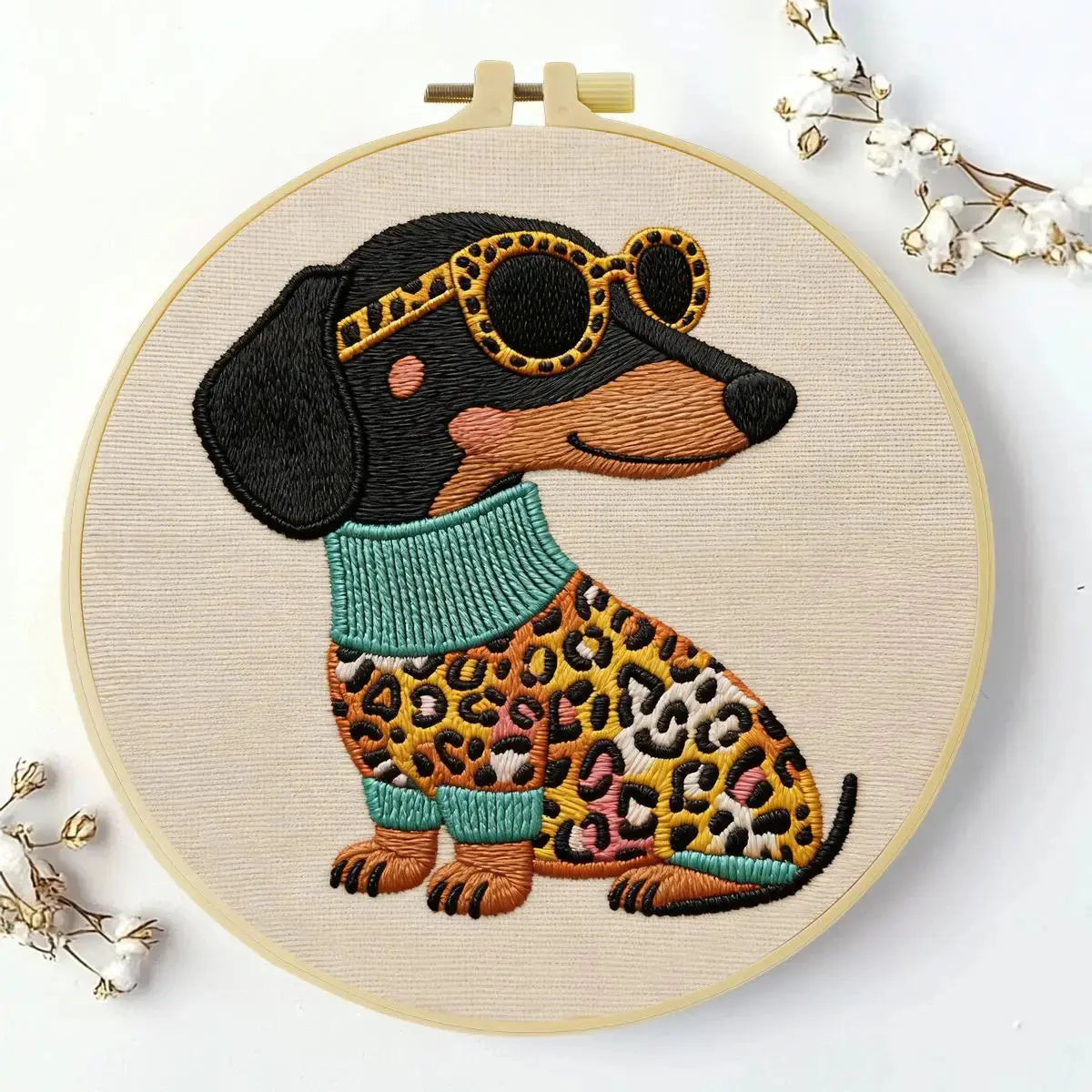 Leopard Chic Dachshund Embroidery Kit Kits For Stitchers