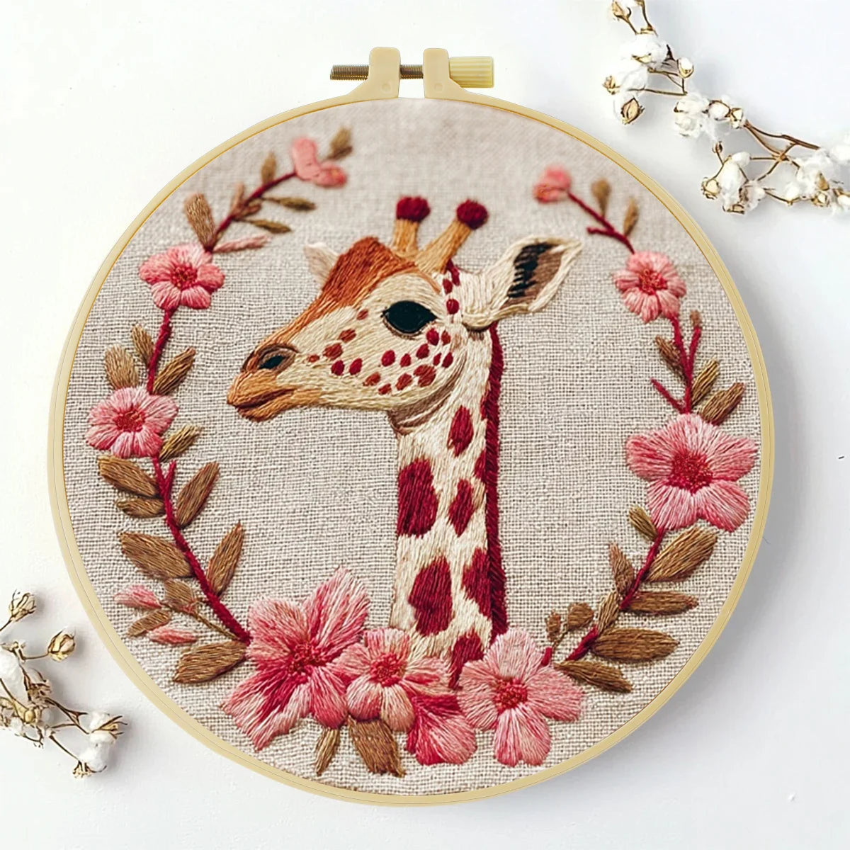 Giraffe Embroidery DIY Kit – Floral Animal Beginner Stitching Kit with Hoop, Pattern & Threads