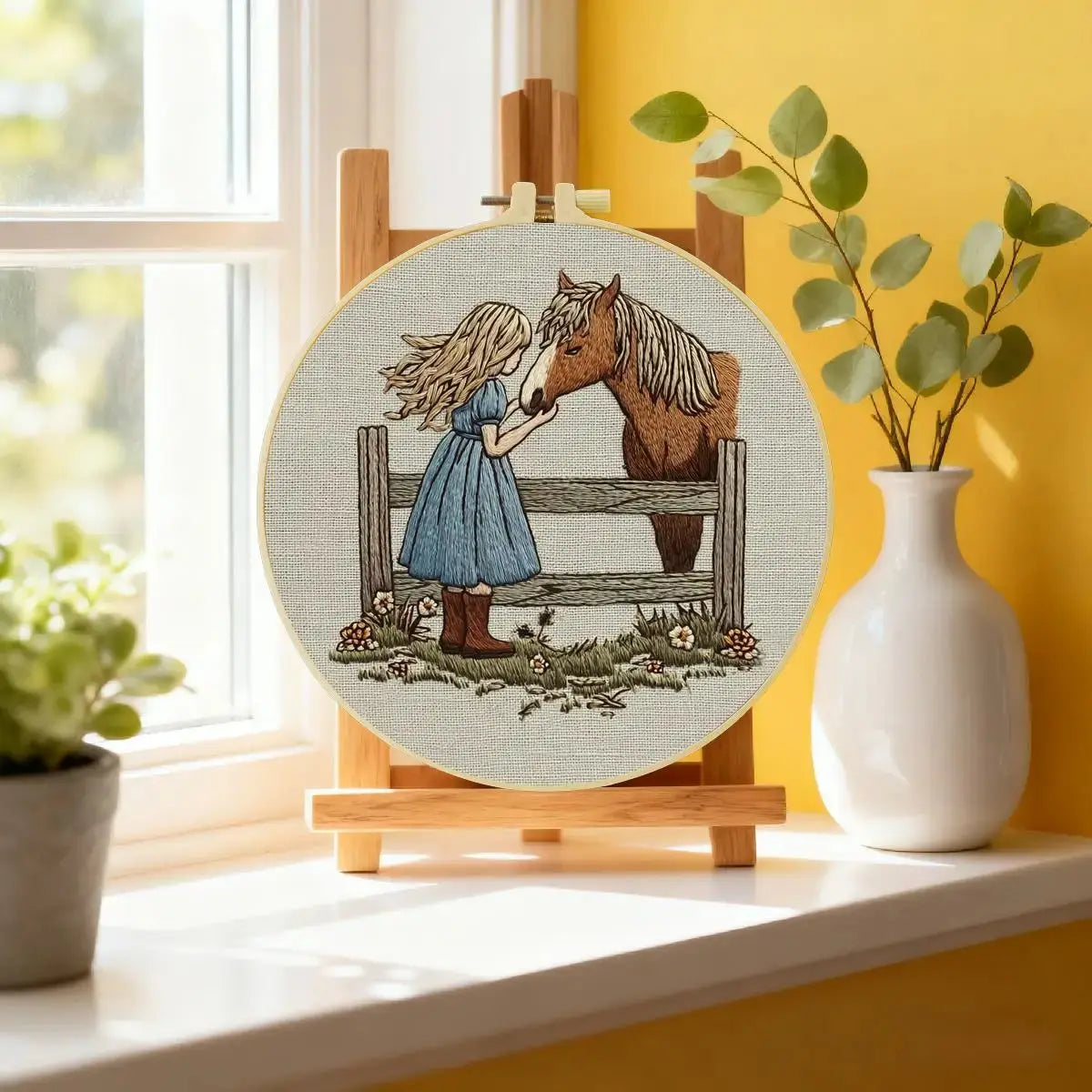 Girl & Horse Embroidery Kit – Heartwarming Equestrian DIY Hand Embroidery Hoop Art Set Kits For Stitchers