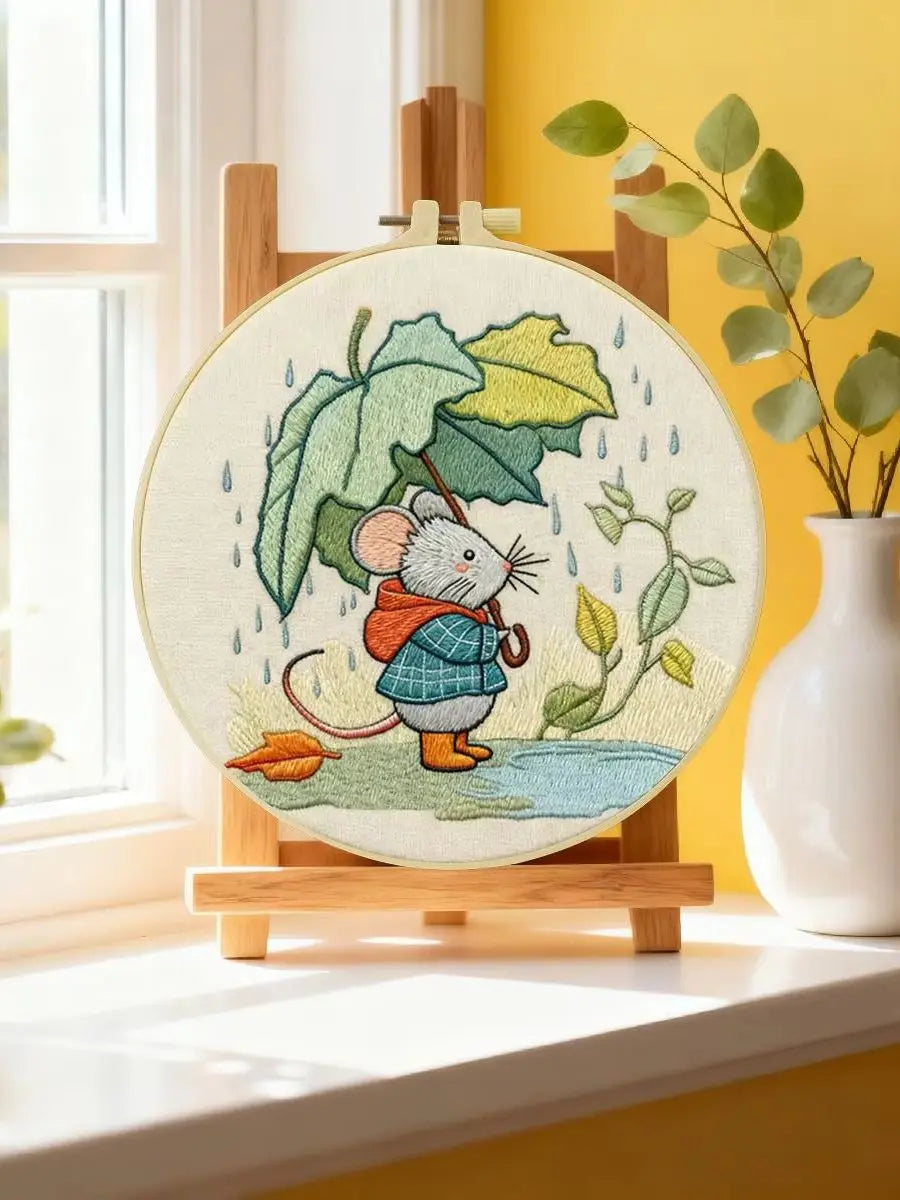 Cute Mouse with Leaf Umbrella Embroidery Kit – Whimsical Rainy Day DIY Hand Embroidery Hoop Art Set