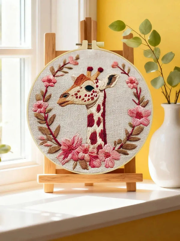 Giraffe Embroidery DIY Kit – Floral Animal Beginner Stitching Kit with Hoop, Pattern & Threads