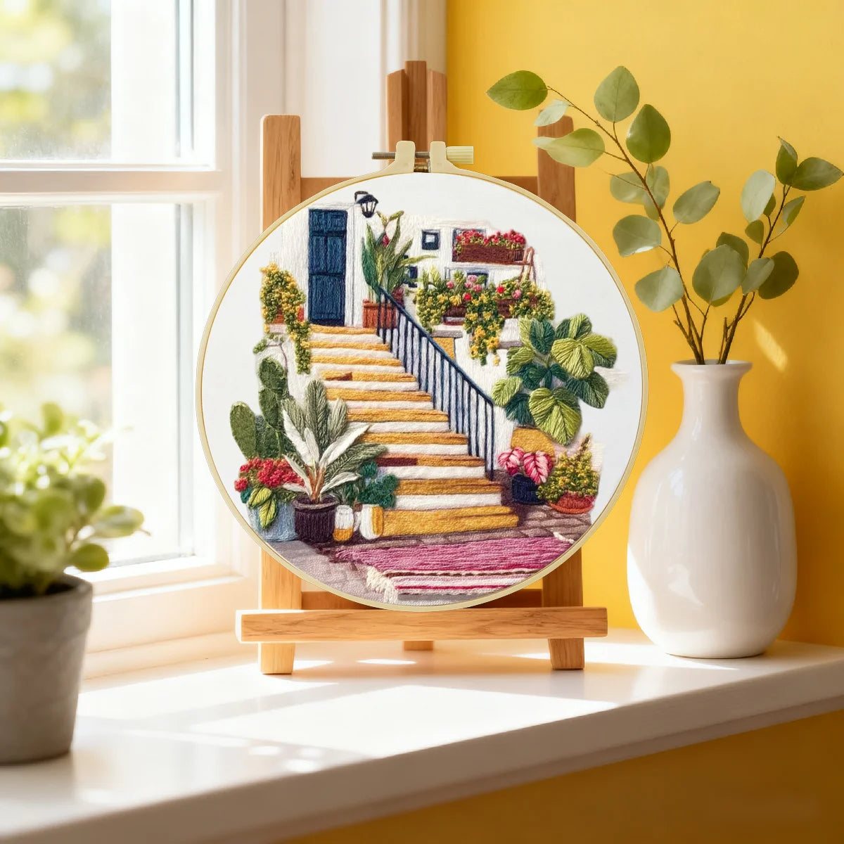 Mediterranean House & Garden Embroidery Starter Kit DIY – Beginner Landscape Hand Embroidery Kit