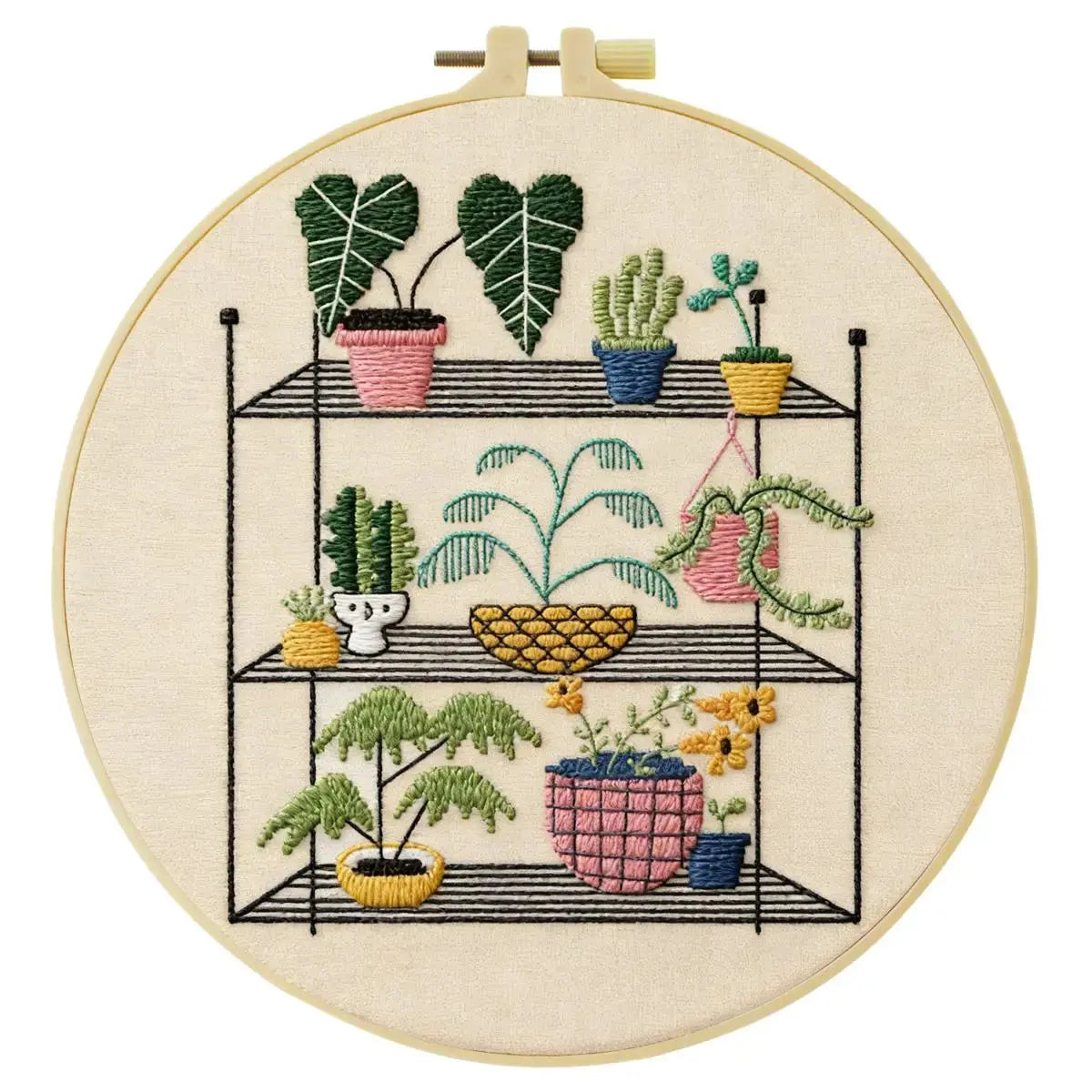 Indoor Plant Shelf Embroidery Kit – Cozy Houseplants DIY Hand Embroidery Hoop Art Set Kits For Stitchers